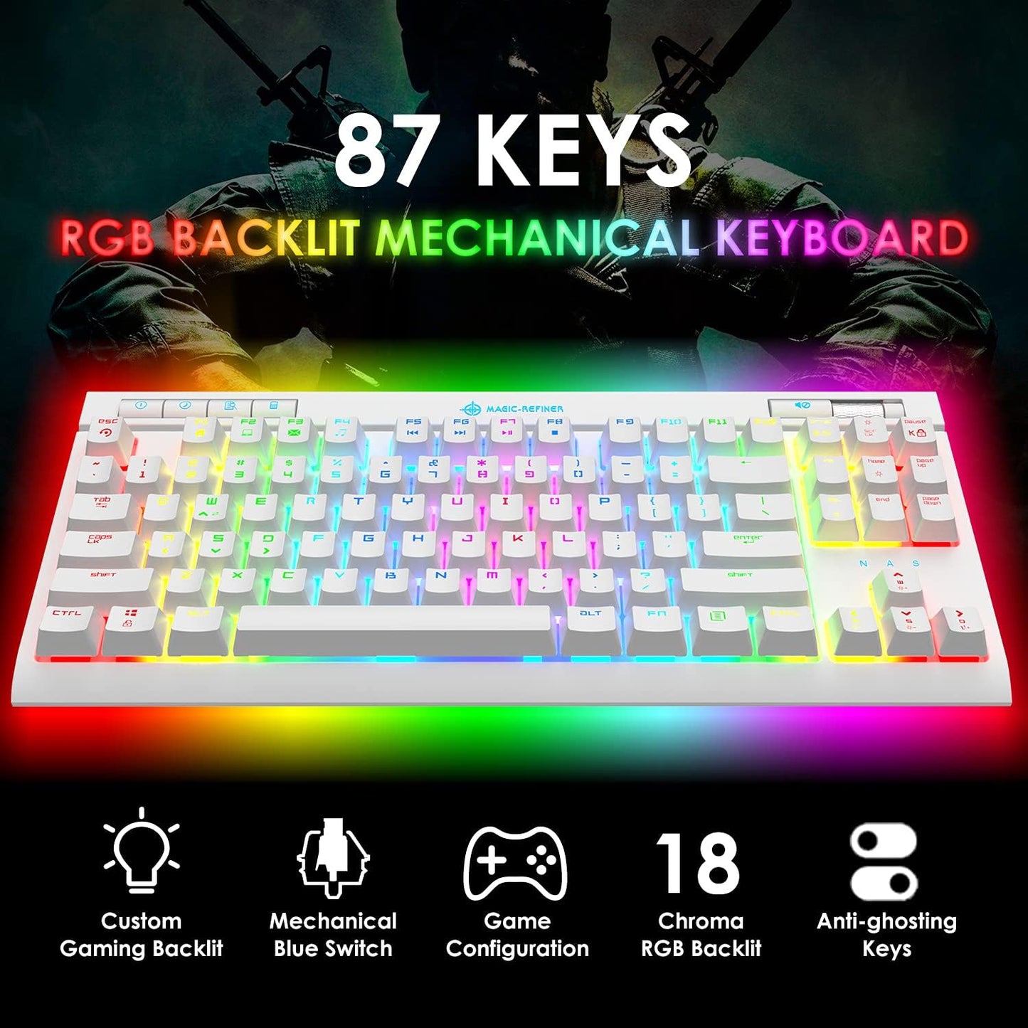 ZIYOU LANG Mechanical Gaming Keyboard, 87 Keys Chroma RGB LED Backlit, Blue Switch, USB-C, PC/Mac Compatible