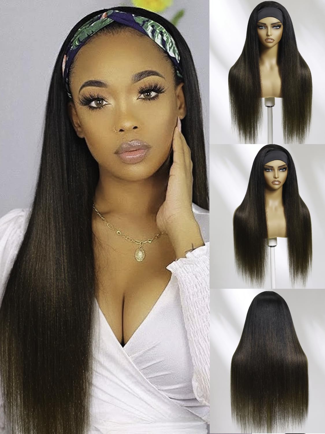 KLAIYI Ombre Brown Yaki Straight Headband Wig Human Hair Glueless Wear and Go Wig with Dark Roots Drawstring Chestnut Kinky Clip In Half Wigs for Black Women No Lace No Glue 30S Ready to Wear 18Inch