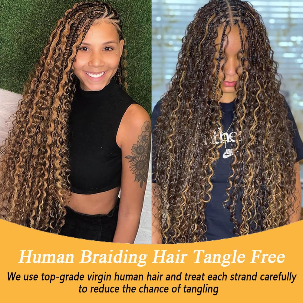 Human Braiding Hair for Boho Knotless Braids Bulk Curly Bundles Human Hair for Micro Braiding Wet and Wavy Water Wave No Weft Human Hair Extension for Box Boho Braids 100g with 2 Bundles 4/27#