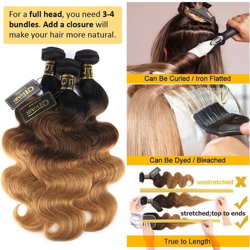 QTHAIR 16A Grade Ombre Body Wave Human Hair Bundles #1b/4/27 Color 24" 100g 100% Brazilian Body Wave Bundles Human Hair Extensions for Black Women