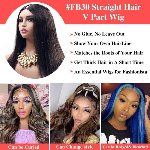 Legendhair Glueless #FB30 Ombre V Part Wigs Human Hair Balayage Brown Straight Human Hair Wigs for Black Women Highlight Upgrade U Part Wig Full Head Clip In Half Wig No Leave Out 180% Density 20 Inch