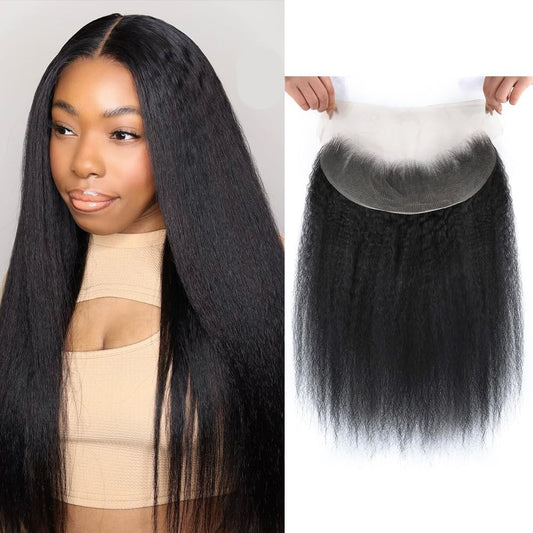 Kerriana 13x4 Transparent Lace Frontal Kinky Straight Human Hair 18 Inch Yaki 13 by 4 Frontal Closure Ear To Ear Natural Black Color