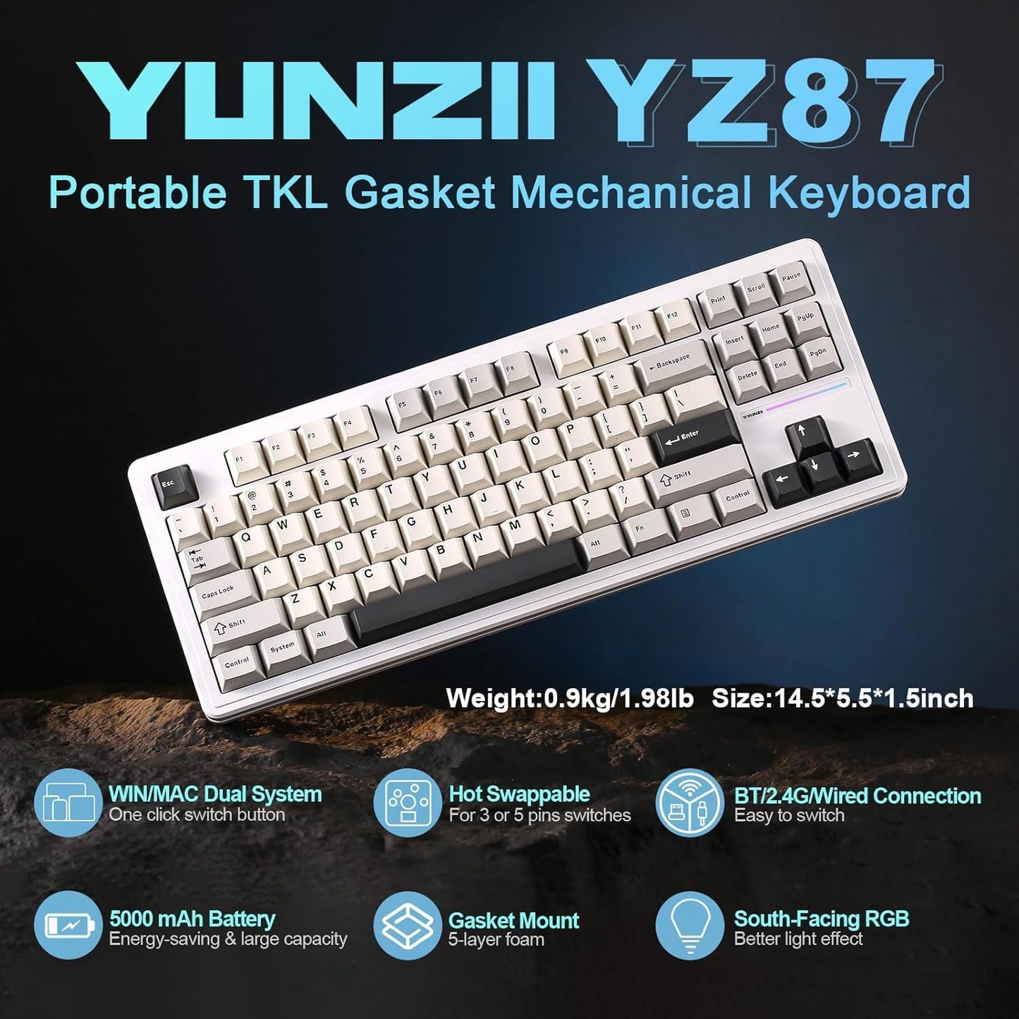 YUNZII YZ87 Gasket Mechanical Keyboard,TKL Wireless Hot Swappable with 5-Layer Padding, BT5.0/2.4G/USB-C NKRO RGB Backlit for Win/Mac(White, Milk Switch)
