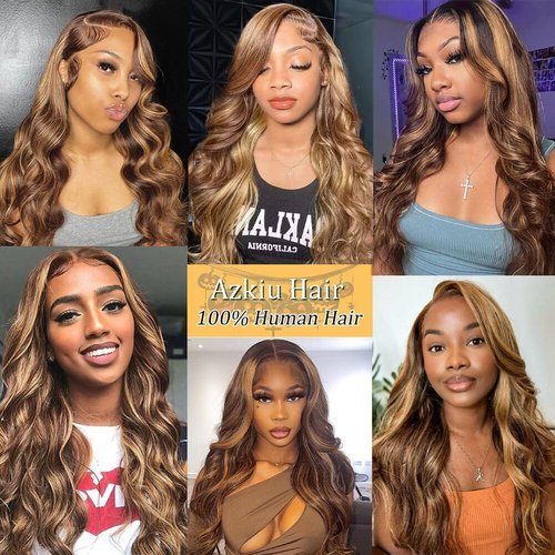 Azkiu Highlight Ombre Lace Front Wig Human Hair 13x4 HD 4/27 Honey Blonde lace frontal Wigs Pre Plucked with Baby Hair 150% Density Colored Body Wave Lace Front wig Human Hair Natural Hairline 14Inch