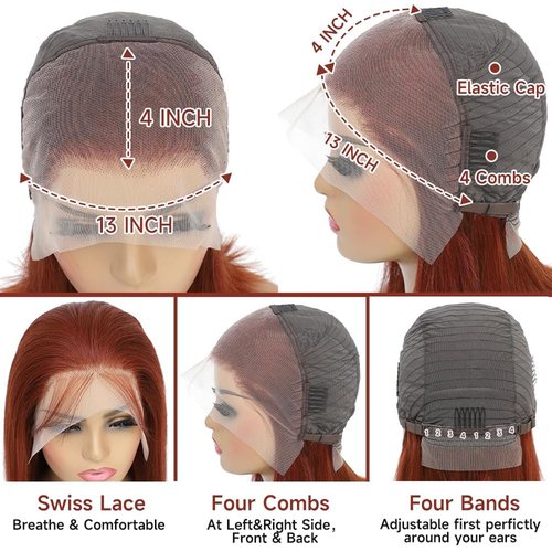 RQY Reddish Brown Bob Wig Human Hair 13x4 Color Straight Lace Front Wigs Human Hair Bob 180% Density Short Brown Lace Front Wigs Human Hair Per Plucked with Baby Hair（33# Brown Bob Wig 14inch）