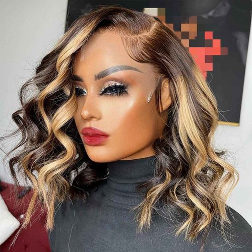 Highlight Bob Wig Human Hair 13x4 HD Lace Front Wigs Human Hair Pre Plucked Glueless Short Body Wave Bob Wigs for Women Human Hair 180 Density Ombre Brown Honey Blonde P4/27 Loose Wave Bob Wig 14 inch