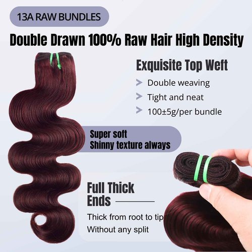 HERMOUS 13A Double Drawn 99J Dark Burgundy 3 Bundles Body Wave Human Hair, Double Lifespan Than Regular Hair, Keep Silky And Soft After Washes Colored #99J Wine Cheery Red Bundles Raw Hair 12 14 16 IN
