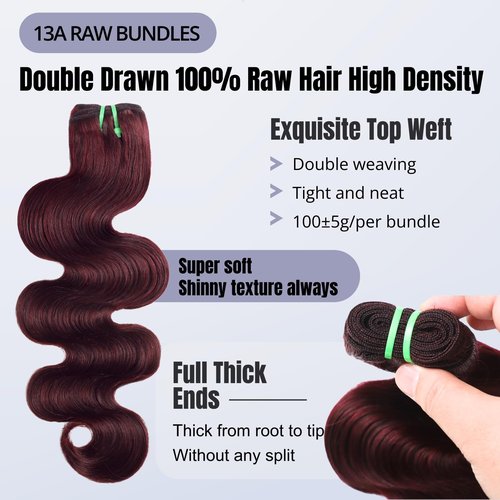 HERMOUS 13A Double Drawn Dark Burgundy Human Hair Bundles Body Wave 22 Inch, Double Lifespan Than Regular, Keep Silky And Soft After Washes Colored #99J Wine Cherry Red Single Bundles Raw Hair Sew In