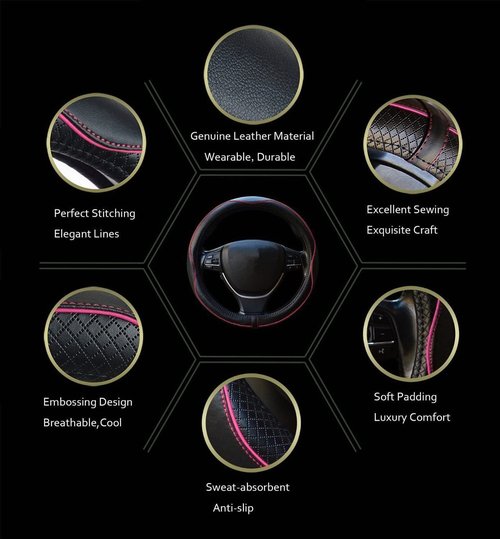 Car Steering Wheel Cover, Anti-Slip, Safety, Soft, Breathable, Heavy Duty, Thick, Full Surround, Sports Style (Black with Pink Line)