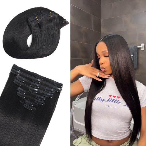 Ailiceehr Clips in Hair Extensions Seamless Human Hair Clips in Hair Extensions Natural Black 105g 22inch 8pcs Double Weft Thick Straight.