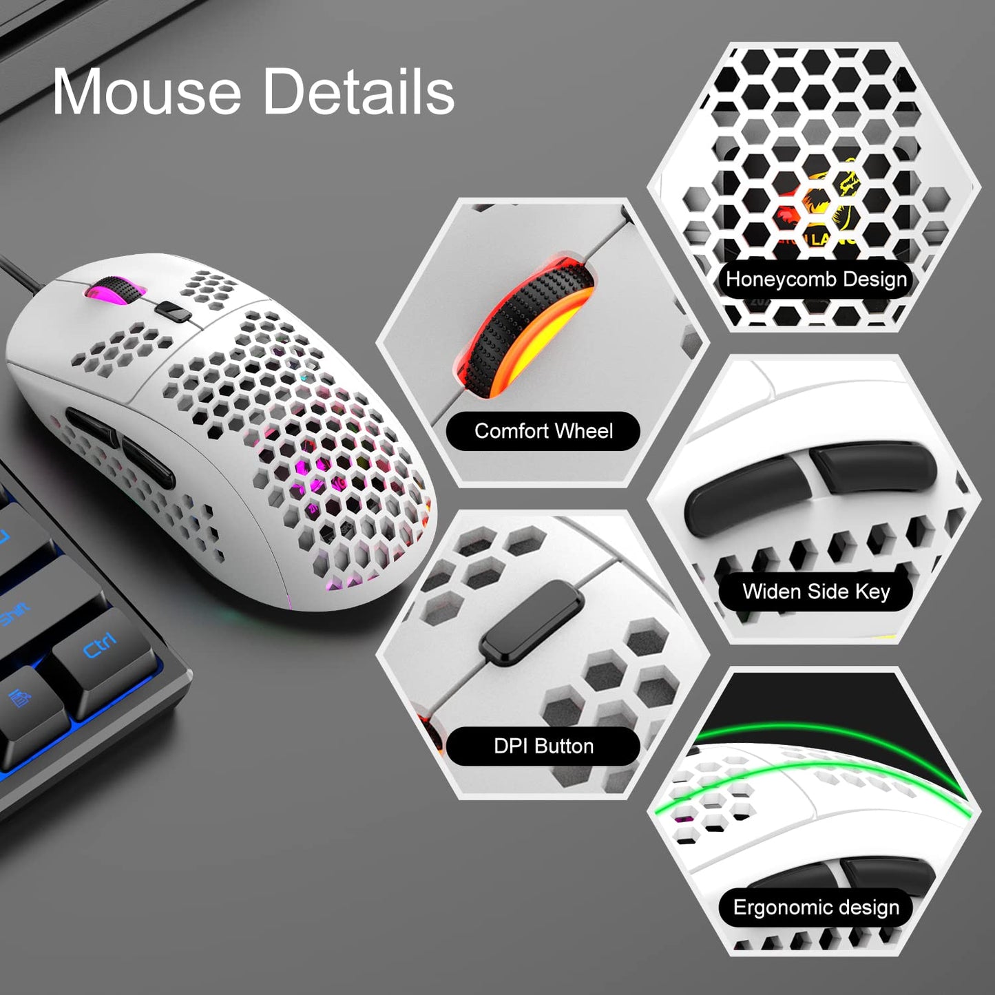 60% Gaming Keyboard Honeycomb Mouse and RGB Headset Comboith Rainbow Backlight Ergonomic 62Key Mechanical Feeling Adjustable 7200DPI Mice Stereo Sound Headphone for PS4 Xbox One PC Mac Gamer