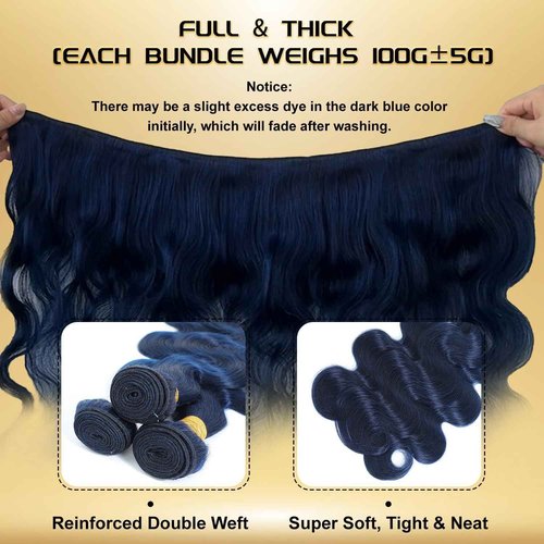 Dark Blue Body Wave Bundles with 4x4 HD Lace Closure, 100% Brazilian Virgin Human Hair, 12A Grade, Soft & Thick, Pre-Plucked Transparent Lace, Sew-In or Quick Weave, 10 12 14 Inch + 10 Inch Closure