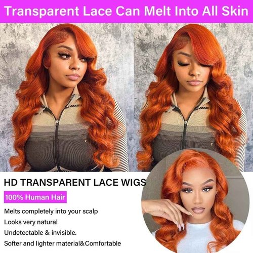 Yeeaak Ginger Lace Front Wigs Human Hair 13X6 Orange Ginger Body Wave HD Lace Frontal Wigs for Women Glueless Auburn 350 Color Pre Plucked Natural Hairline 180% Density Super Soft 22 Inch
