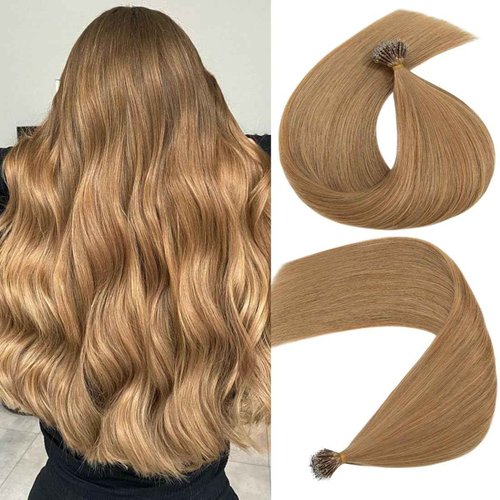 S-noilite Nano Bead Hair Extensions Human Hair Nano Ring Hair Extensions Balayage Pre Bonded Nano Tip Human Hair Extensions Nano Link Hair 50g 50 Strands 18 Inch #27 Dark Blonde