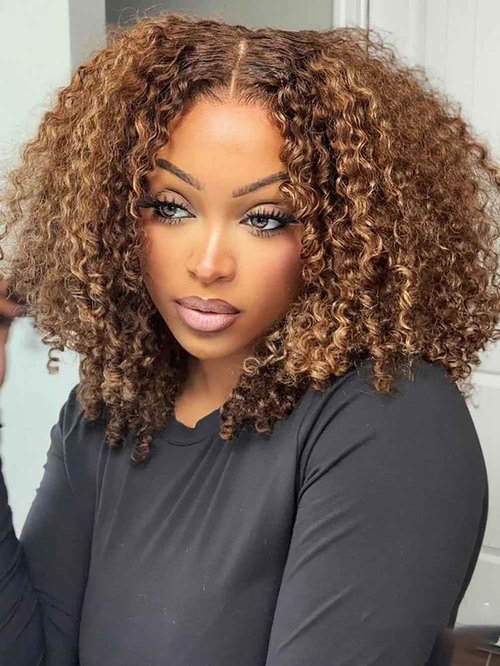 ISEE M-Cap Kinky Curly Wear Go Glueless Wigs Human Hair Pre Plucked Pre Cut Bleached Knots 9x6 HD Lace Glueless Human Hair Wigs For Women (Highlight Ombre, 12 Inch)
