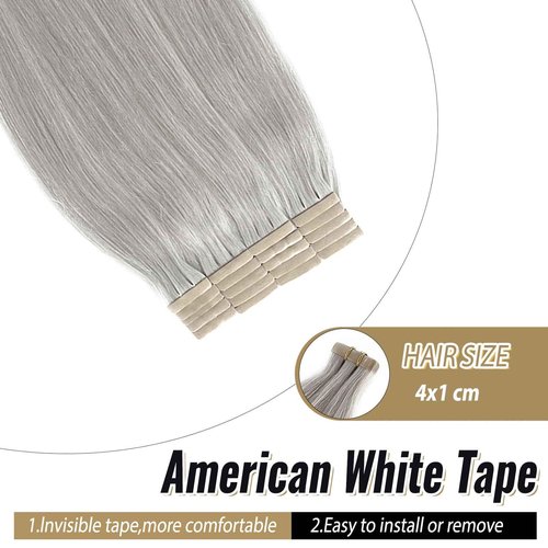 Silver Grey Tape in Hair Extensions Real Human Hair 24 Inch Invisible Seamless PU Tape in Hair Extensions Double Sided Silky Straight Human Hair 50/20pcs