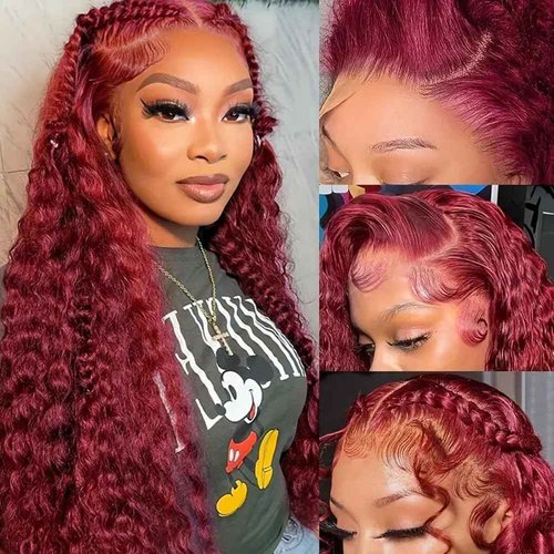 ZHUO JIA 99j Burgundy Lace Front Wigs Human Hair Pre Plucked 30 Inch Deep Wave Wig Human Hair for Women 180% Density Transparent 13x4 HD Lace Front Wigs Bleached Knots with Baby Hair (30 Inch)