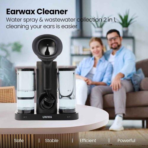 UNIWA Ear Wax Removal, Electric Ear Cleaner with Reusable Replacement Tips, 4 Pressure Settings, Safe and Effective Ear Rinsing Kit for Adults, Ear Irrigation Kit & USB-C Cable, IPX7, Black