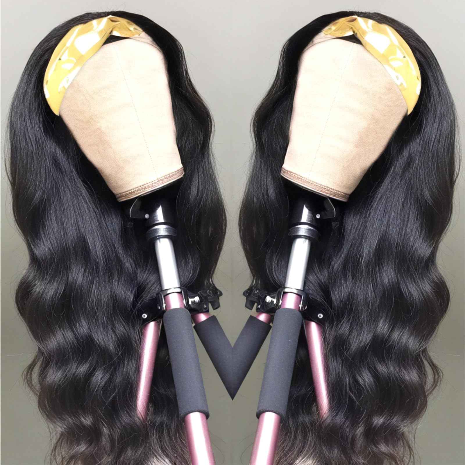 20 Inch Body Wave Human Hair Headband Wig - Half Wigs, Brazilian Glueless, 150% Density, Natural Color