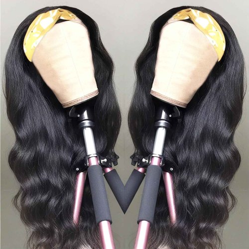 Hertune Human Hair Body Wave Headband Wig, 26 Inch, Black, Glueless, Wavy (loose waves), 21.75 Inch Cap Size