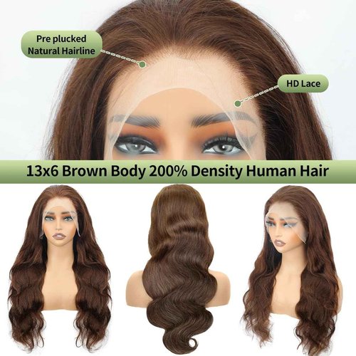 QBRVP 200 Density Body Wave 13x6 Hd Lace Front Wigs Human Hair Pre Plucked Chocolate Brown Lace Front Wig Colored Human Hair Wigs for Black Women Brown Wig Human Hair 20 Inch