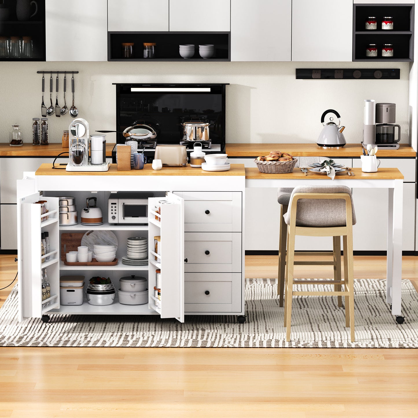 K&K 74.8 Kitchen Island With Extendable Dining Table, Storage Cart 3
