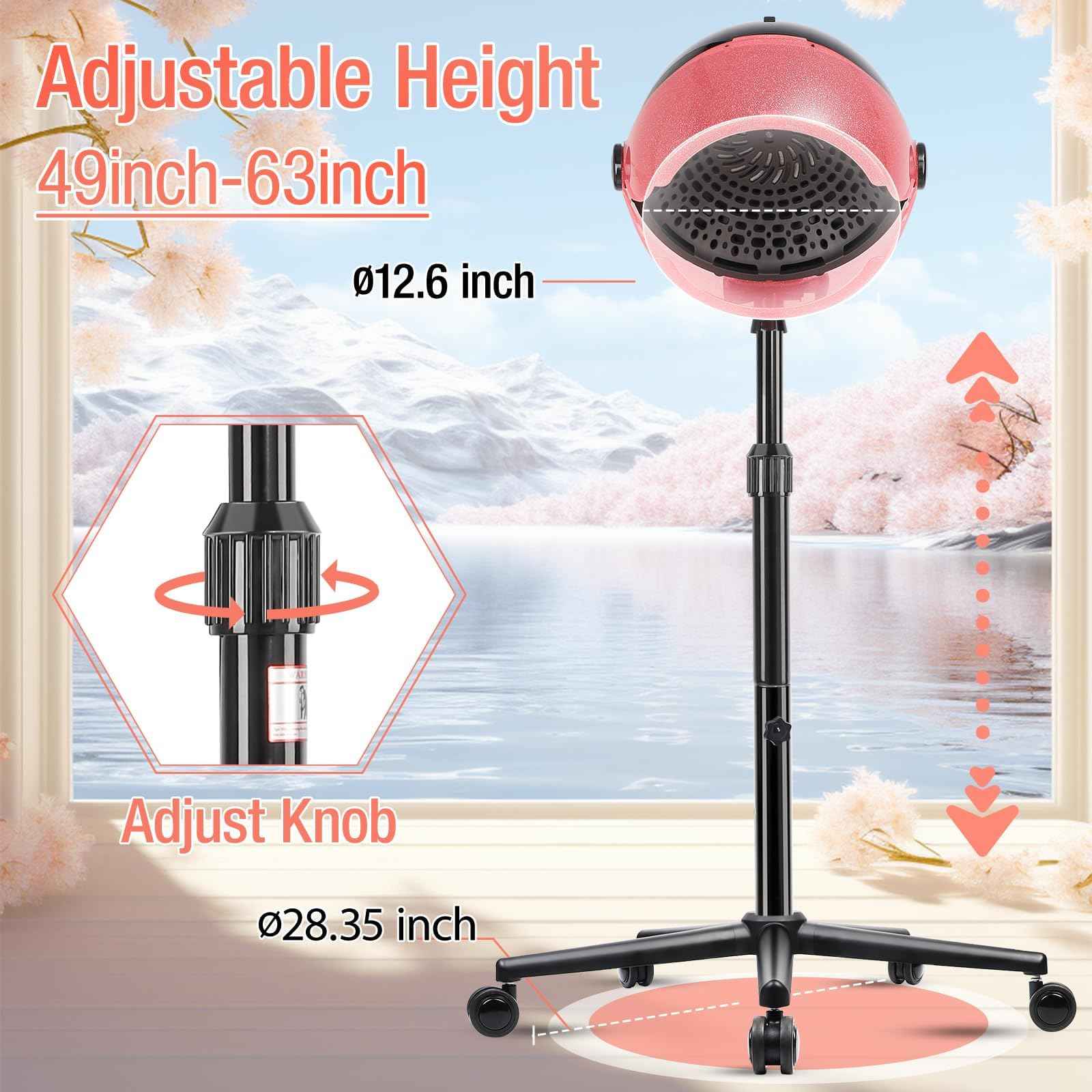 Hooded Hair Dryer, Standing Hair Dryer with 3 Modes and Time Setting, Professional Hooded Dryer with Touch Controls for Home and Salon Use, Pink