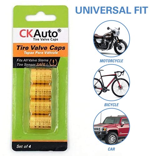 CKAuto Tire Valve Stem Caps, Golden Yellow, 4 pcs/Pack, Anodized Aluminum Tire Valve Cap Set, Corrosion Resistant, Universal Stem Covers for Cars Trucks Motorcycles SUVs and Bikes