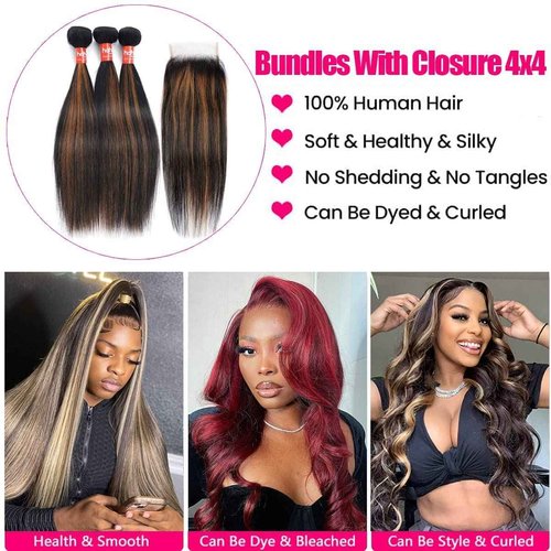 Haha Brown Highlight Bundles with 4x4 Closure Brazilian Human Hair Ombre Bundles with Closure Straight 10A Remy Virgin Hair Weave Colored Fb30 Balayage 14 16 18 +12 Free Part