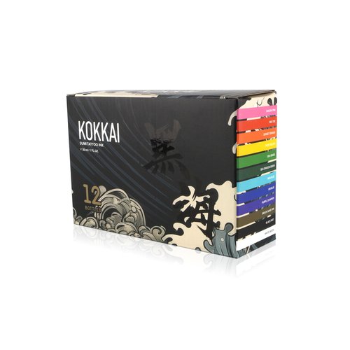 Kokkai Sumi Tattoo Ink, Premium Quality, Precision Medium Viscosity, Rich Hue, Quick Healing, Acrylic-Free, Water-Based, Ready-to-Use Ink for Precision Tattooing (12 Color Pack, 1 oz)
