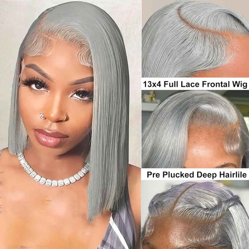 Silver Grey Bob Wigs Human Hair for Black Women 13x4 HD Lace Frontal Bob Wigs Human Hair Pre Plucked WIth Baby Hair Wear and Go Glueless Short Straight Blunt Cut Bob Wigs 180% Density 12 Inch