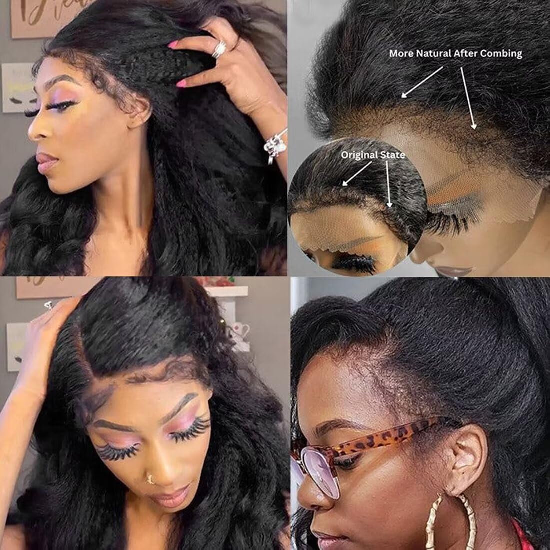 13X4 Lace Front Wig With Curly Edges Hairline 180% Density Kinky Straight Human Hair Wigs for Black Women Yaki Straight HD Lace Wig with Curly Baby Hair Glueless Wigs for Women Natural Black 20 Inch