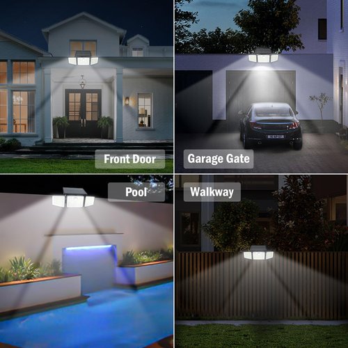 daphino 2500LM Solar Lights Outdoor with Motion Sensor,3 Head 270° Wide Angle Street Area Lights,IP65 Waterproof Security Lighting with 3 Modes(Non-Remote,4 Pcs)