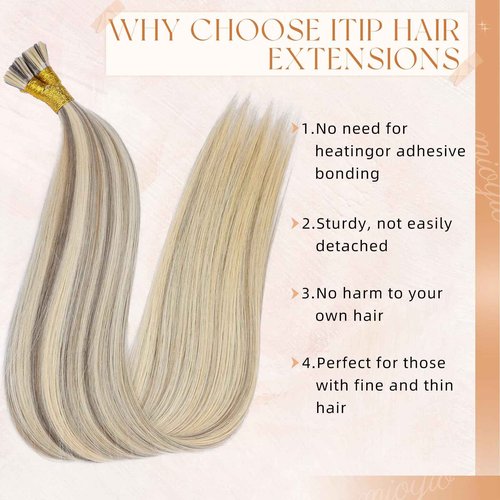 MioYio I Tip Hair Extensions Human Hair 30G/Pack Human Hair Itip Human Hair Extensions #16/60 Pre Bonded Extensions Long Straight Highlight Blonde 18Inch