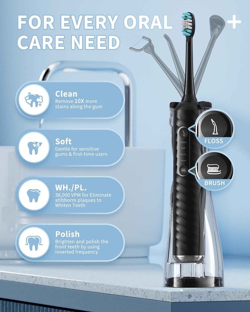 Duolosy Electric Toothbrush with Water Flosser, 4 in 1 Cordless Toothbrush and Water Flosser Combo for Multiple Users and Needs, Portable for Travel and Home,Black
