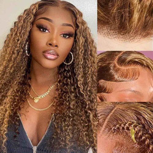ADESORAES 26 Inch Honey Blonde Wigs Human Hair 180% Density 4/27 Highlight Ombre Lace Front Wigs 100% Human Hair Water Wave Lace Frontal Wigs Pre Plucked Wet and Wavy Curly Human Hair Wig