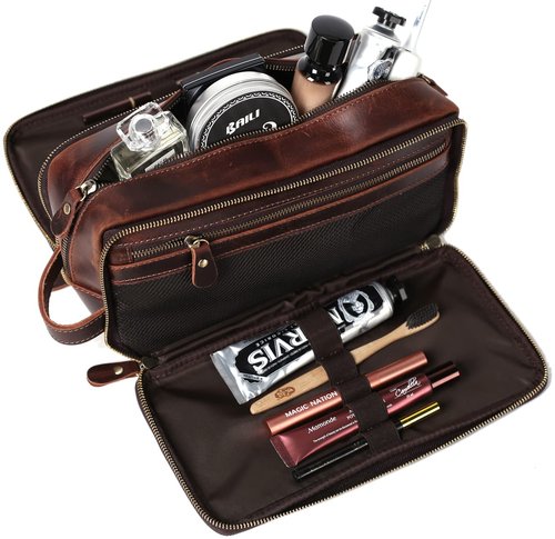 RC ROCKCOW Personalized Leather Toiletry Bag for Men Travel Shaving Dopp Kit-Large Cosmetic Bags Toiletries Bathroom Organizer