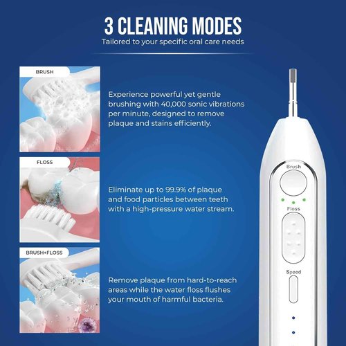 Optum Duo Flossing Toothbrush 2-in-1 Electric Toothbrush Water Flosser Combo – Sonic Toothbrush with 40k Vibrations & High Pressure Dental Flosser, 5 Brushing Modes, Ideal for Braces & Implants