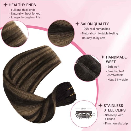 MAXITA Human Hair Clip in Extensions,120g 18 Inch 7pcs, Balayage Dark Brown Mixed Chestnut Brown Hair Extensions Clip in Human Hair Remy Hair Extensions Natural Straight Thick Hair
