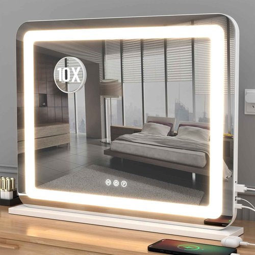 AJJSSA Vanity Mirror with Lights, 23"x 18" Large LED Lighted Mirror with Detachable 10X Magnification & 3 Colors Modes, and USB Charging Port for Vanity Desk Tabletop (White, 23 * 18)