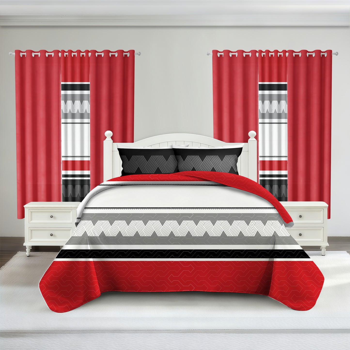 9-Piece Geometric Bedding and Curtain Set - Heavyweight Quilt & 6 Panels
