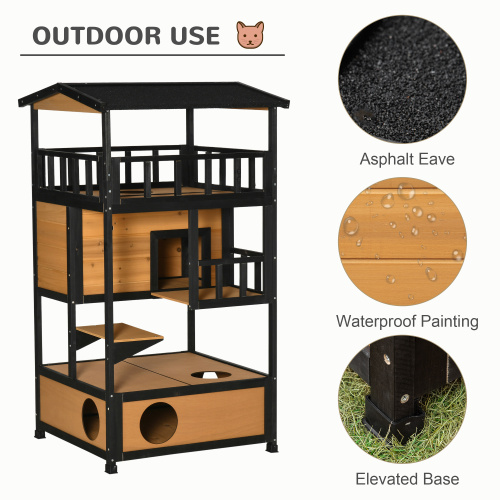 Wooden Outdoor Cat House with Play Platforms and Escape Door - Yellow
