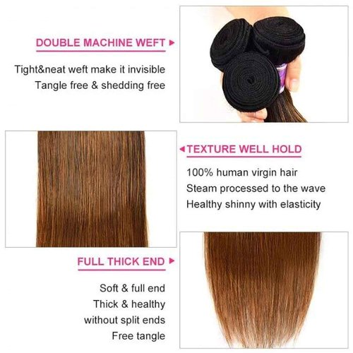 UNice Brown Blonde Straight Human Hair Weave 3 Bundles, Brazilian 100% Virgin Unprocessed Remy Hair Ombre Highlight Color Hair Extensions 100g/pc (10 12 14)
