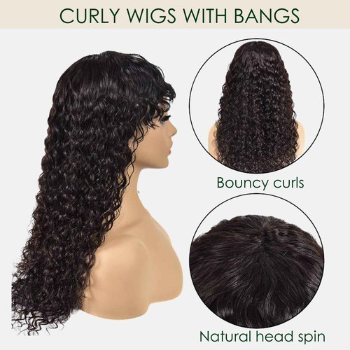 OCTSUN Wear and Go Human Hair Wigs with Bangs Bouncy Curly Human Hair Wigs for Black Women Glueless Full Machine Made Wigs Human Hair Deep Wave None Lace Front Wigs with Bangs 24 Inch 180% Density