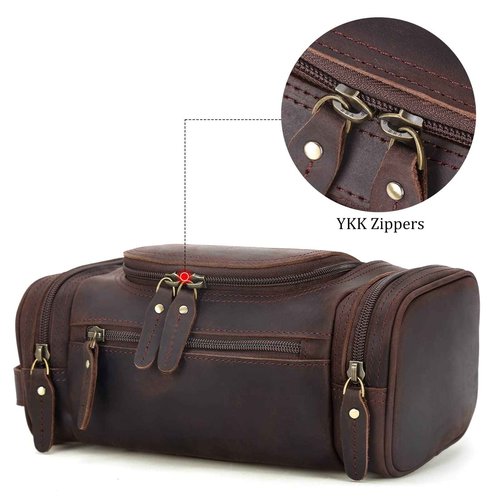 Polare Toiletry Bag Full Grain Leather Shaving Kit Dopp Kit Travel Case Wash Bag with YKK Zippers (Dark Brown)