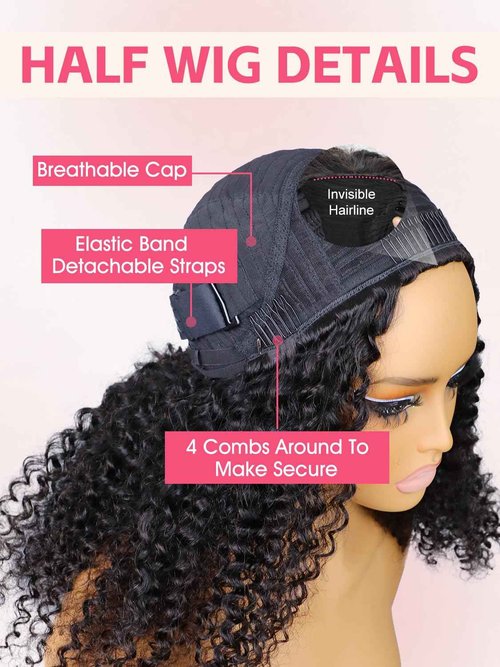ORIGINAL QUEEN Kinky Curly Half Wig Human Hair Wear And Go Glueless Wigs Curly 3 In 1 Half Wigs for Women Drawstring Seamless Flip Over Glueless Wigs Beginner Friendly 16 Inch