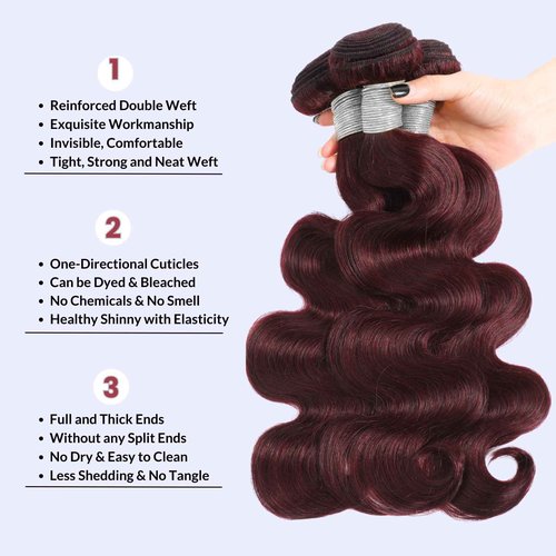 Dark Burgundy 3 Bundles Human Hair Body Wave 12 14 16 Inch, 99J 12A Sew In Wavy Weave Bundles Red Colored 100% Brazilian Virgin Remy Human Hair Soft Shiny #99j Wine Color
