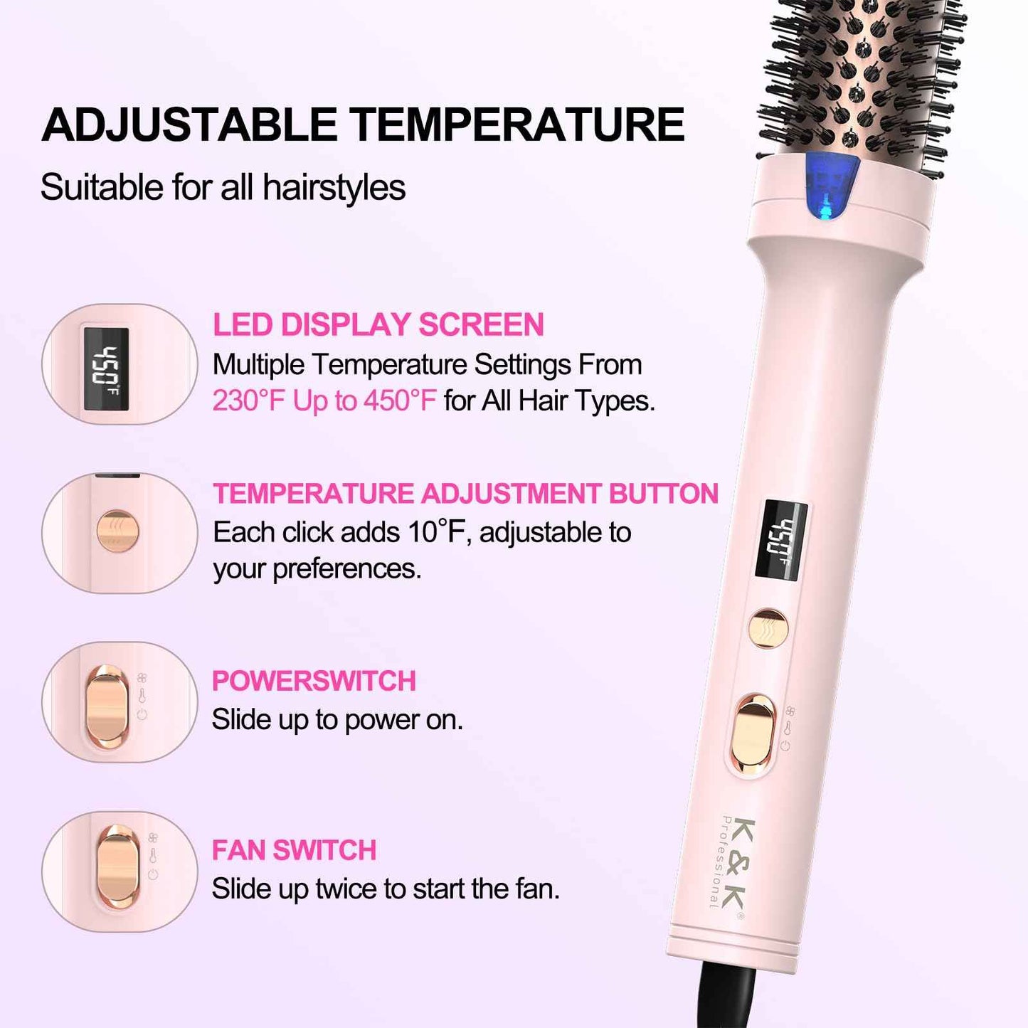 K&K 1.7 Inch Cool-AIR TECH Hair Styling Tool Bounce Brush, Heated Thermal Round Brush with Negative Ion Technology, Multiple Heat Settings for Blowout Look with Hair Care Oil, Temperture Contronal