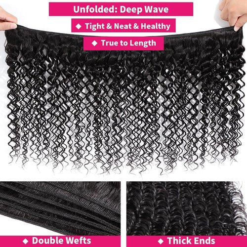 Human Hair Bundles Deep Wave 3 Bundles (16 18 20inches) 12A Grade Brazilian Virgin 100% Unprocessed Human Hair Deep Wavy Bundles Natural Black Weave Raw Hair