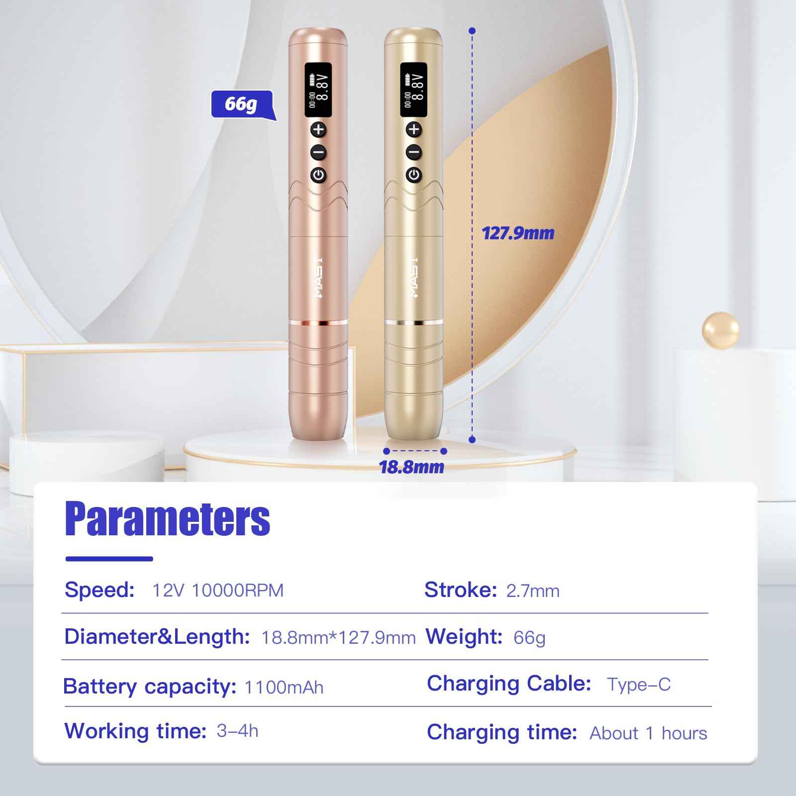 Mast Nano2 Tattoo Gun Cordless Tattoo Machine, 2 Batteries Power Supply, Super Light 66g, 1100mAh for 4 Hours (Champagne Gold)